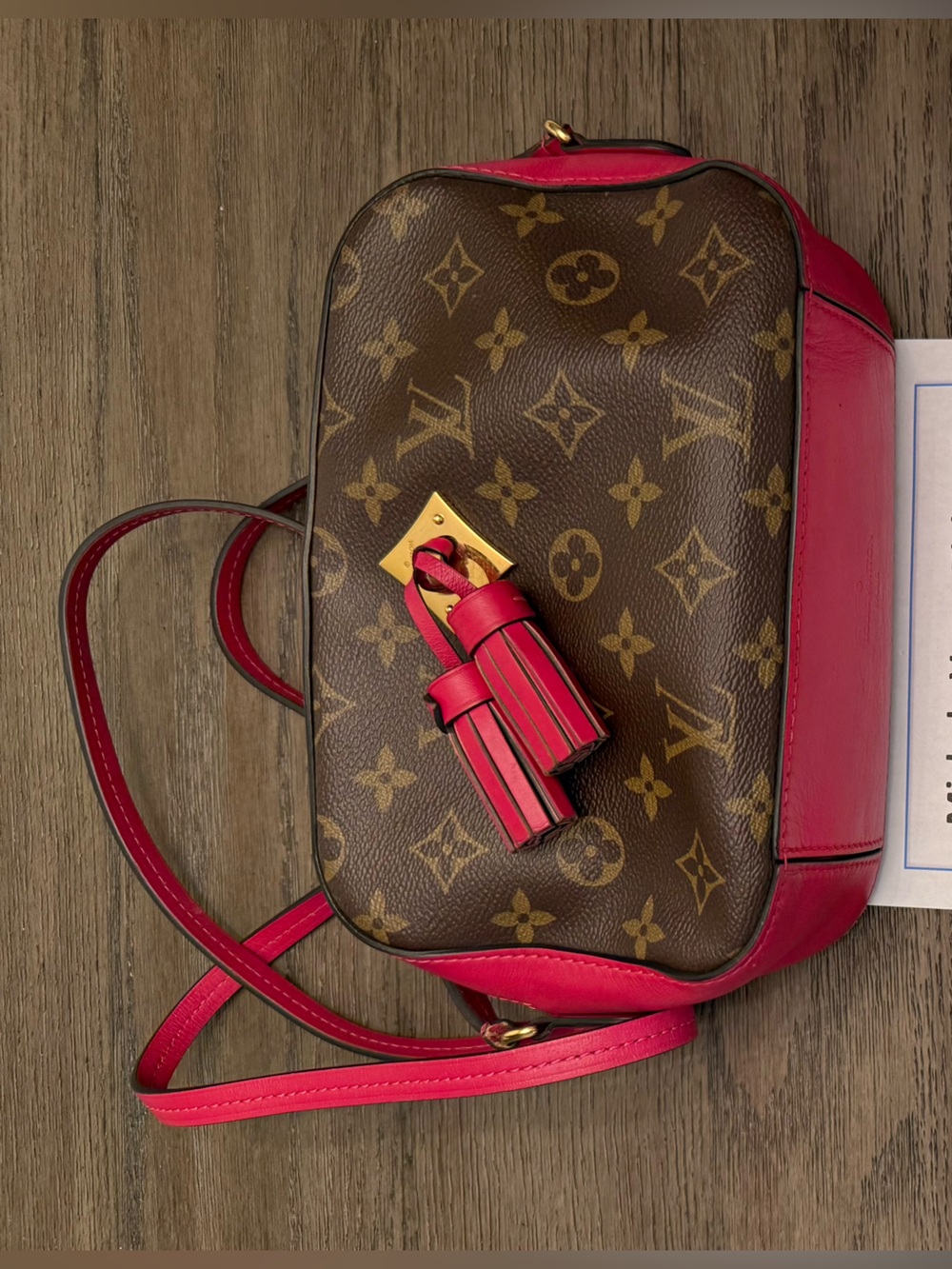 Louis Vuitton Saintonge Brown Monogram Crossbody with Pink Trim and Tassel Charm